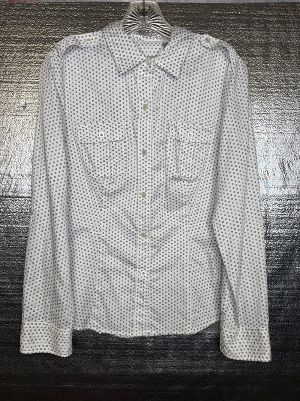 Liz Claiborne White Button-Up Shirt with Navy Taupe Dot Print